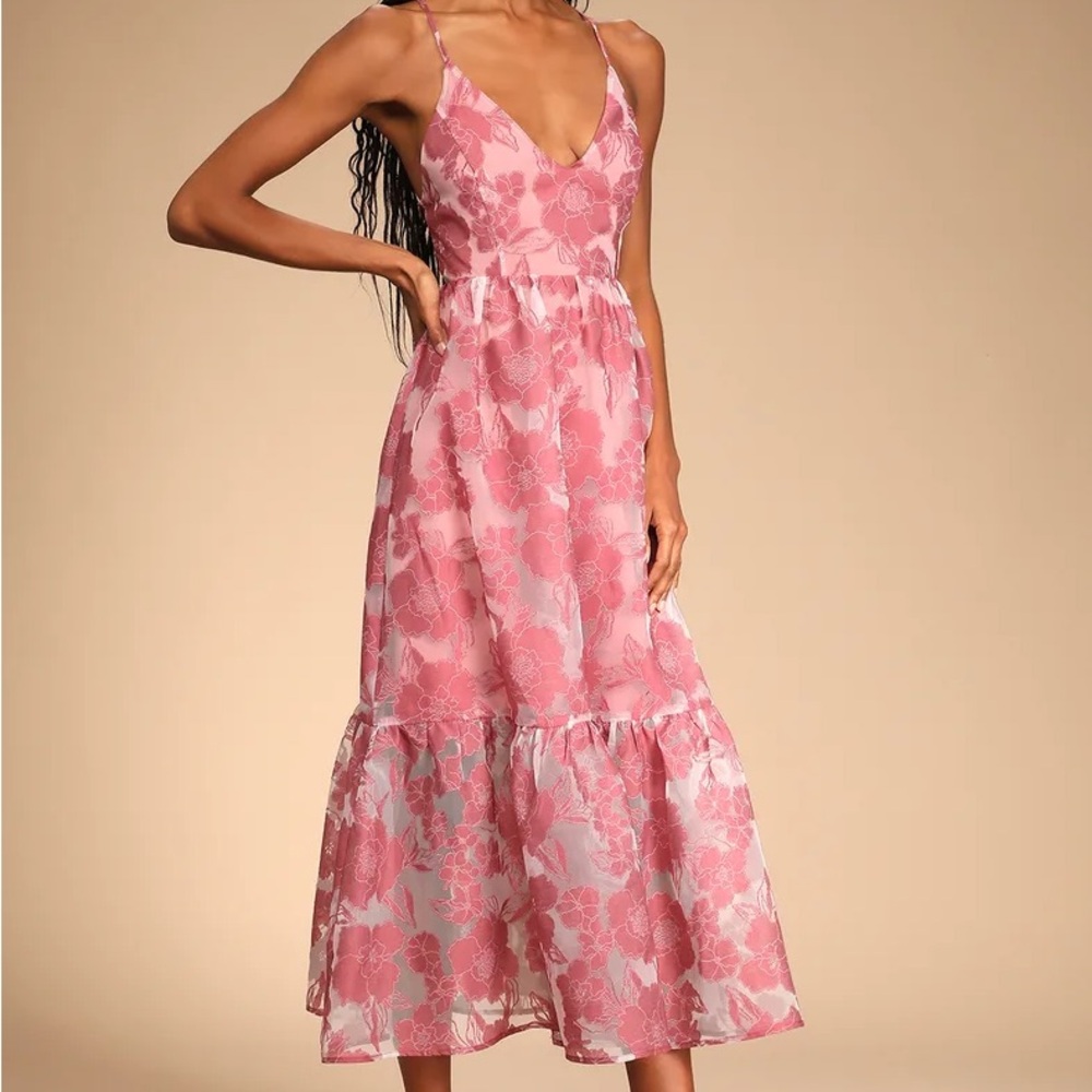 Valentine’s Dress Lulus Feeling Like Forever Rose Jacquard Organza Lace-Up Midi